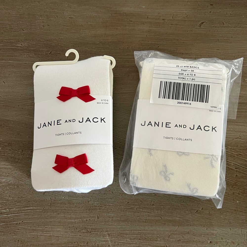 Janie and Jack Girls Cream White Tights Bundle Red Bows Glitter Bows Size 6 to 8